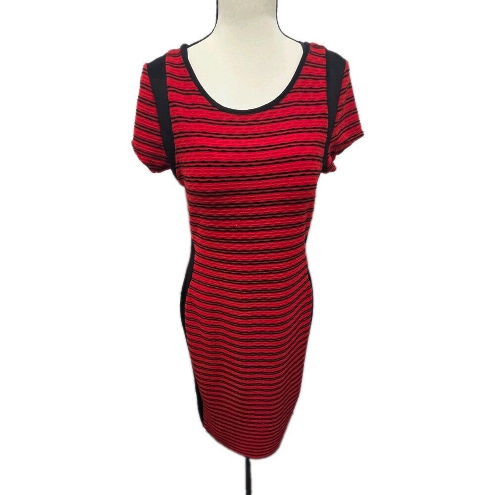 Women’s Red Black Striped Bodycon Midi Dress Scoop Neck Short Sleeve